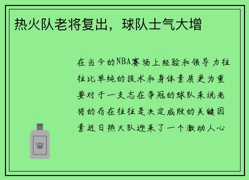 热火队老将复出，球队士气大增